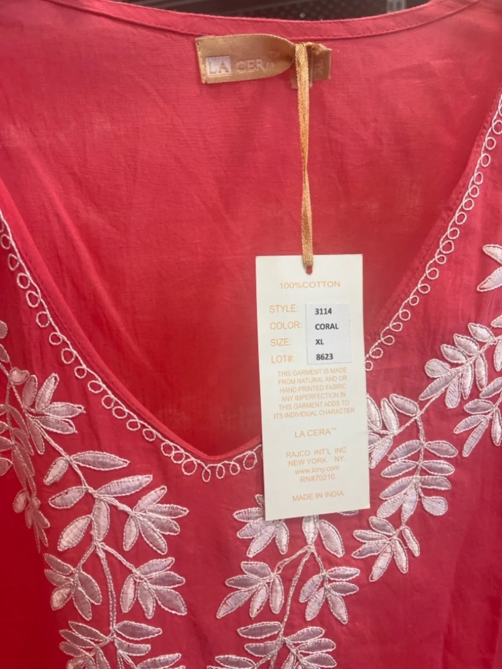 LA Cera Coral Embroidered Tunic Dress XL Boho Cotton Beach Cover-Up - Picture 2 of 2